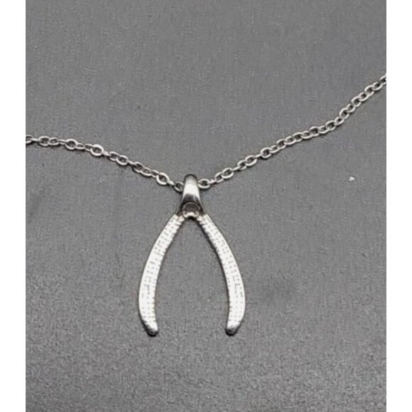 JBD Stainless Steel Wishbone Pendant Necklace SIlver Tone Dainty Signed 17" Long - Picture 1 of 8